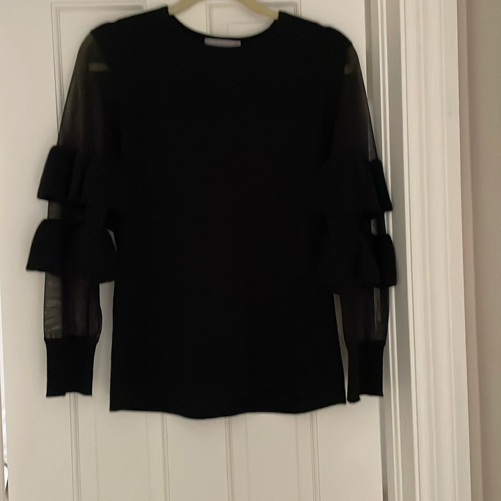 CASHMERE black sweater/ Neiman Marcus / M / ruffles on sheer sleeves /like new